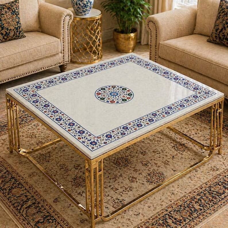 Black Marble Inlay Pedestal Table Mughal