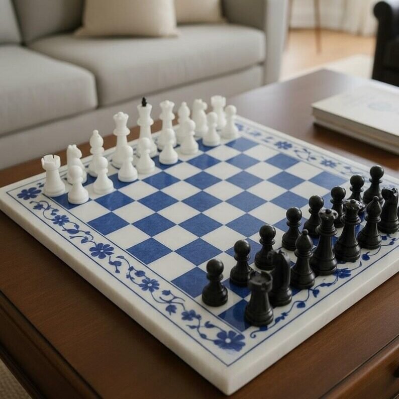 Lapis Lazuli White Marble Chess Set Blue