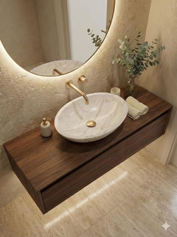 White Marble Elliptical Bathroom Sink