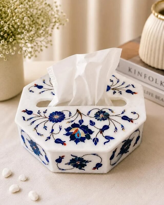 Octagonal Marble Inlay Tissue Box Blue Flowers