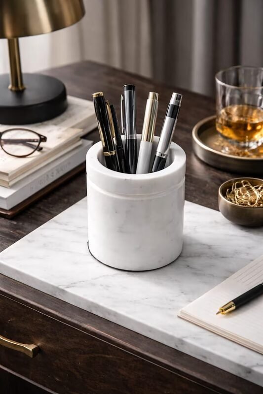 White Marble Pen Holder Office Desk