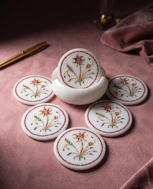 Round Marble Inlay Coaster Set with Holder